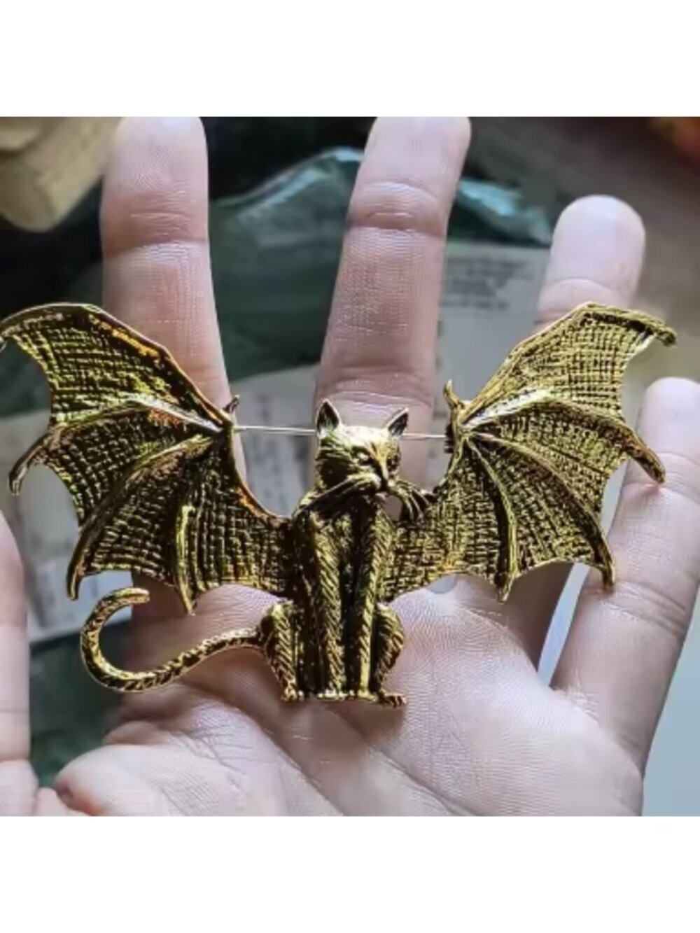 Gothic Bat Cat Brass Brooch - Picture 12 of 14